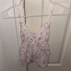 white shein tank top with pink floral design